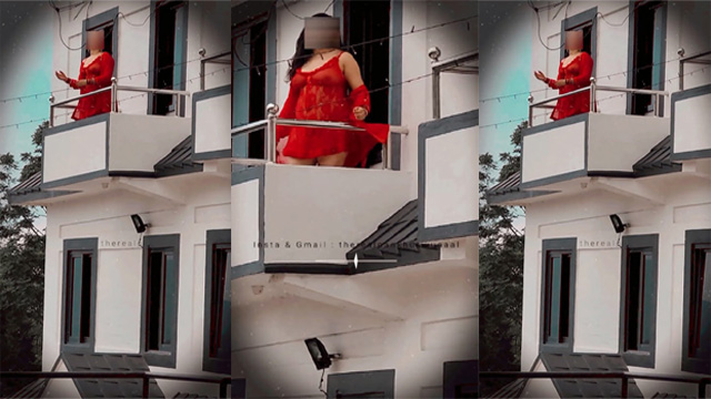 Standing in Balcony Wearing See Through Dress